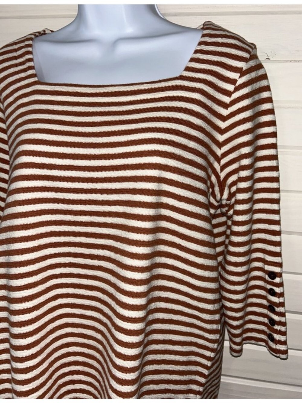 J.JILL Sz PETITES MEDIUM PM Tunic Brown Stripe 3/4 Sleeve Square Neck EUC